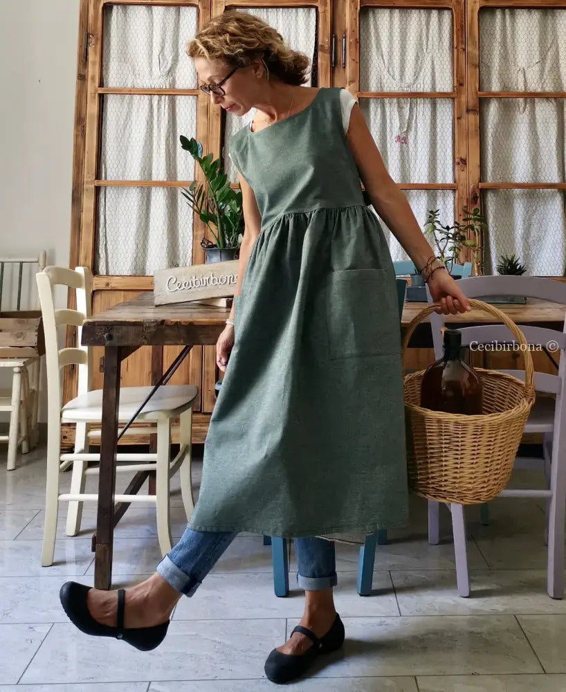 Riservato per Cristina Grembiule da cucina in cotone verde salvia grembiule donna tessuti moderni