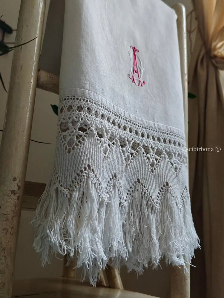 Riservato per Cristina Telo antico con monogramma DA e 35 sottopiatti all’ uncinetto biancheria antica per la casa