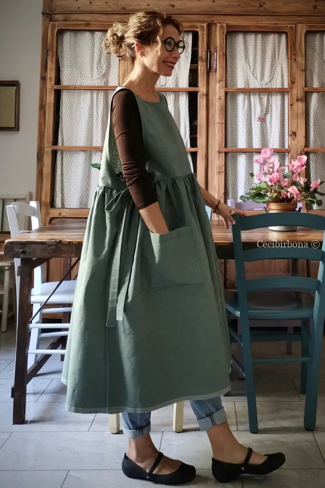 RISERVATO PER DEBORA DISPONIBILE IN PREORDINE Grembiule da cucina in cotone verde salvia grembiule donna tessuti moderni
