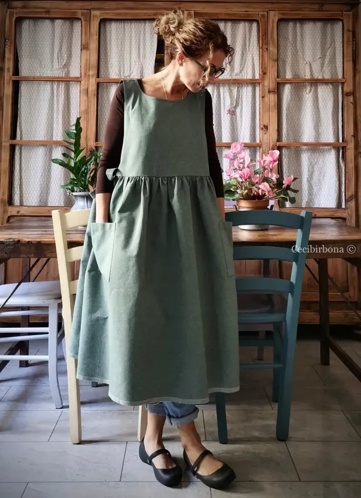 RISERVATO PER DEBORA DISPONIBILE IN PREORDINE Grembiule da cucina in cotone verde salvia grembiule donna tessuti moderni