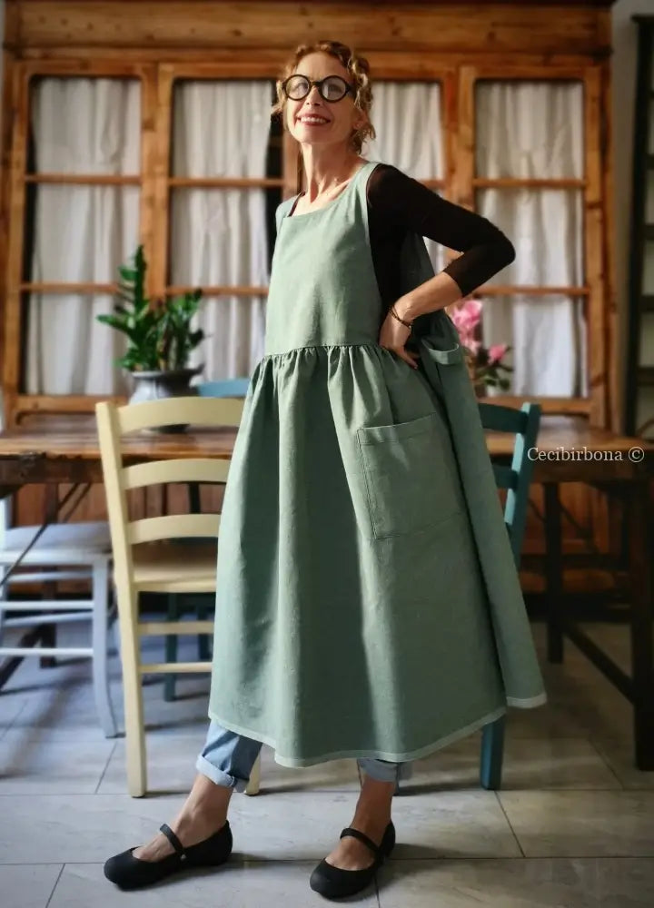 RISERVATO PER DEBORA DISPONIBILE IN PREORDINE Grembiule da cucina in cotone verde salvia grembiule donna tessuti moderni