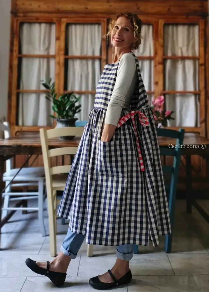 Riservato per Katuscya Grembiule da cucina in cotone a quadri blu e rossi per donna grembiule donna tessuti moderni