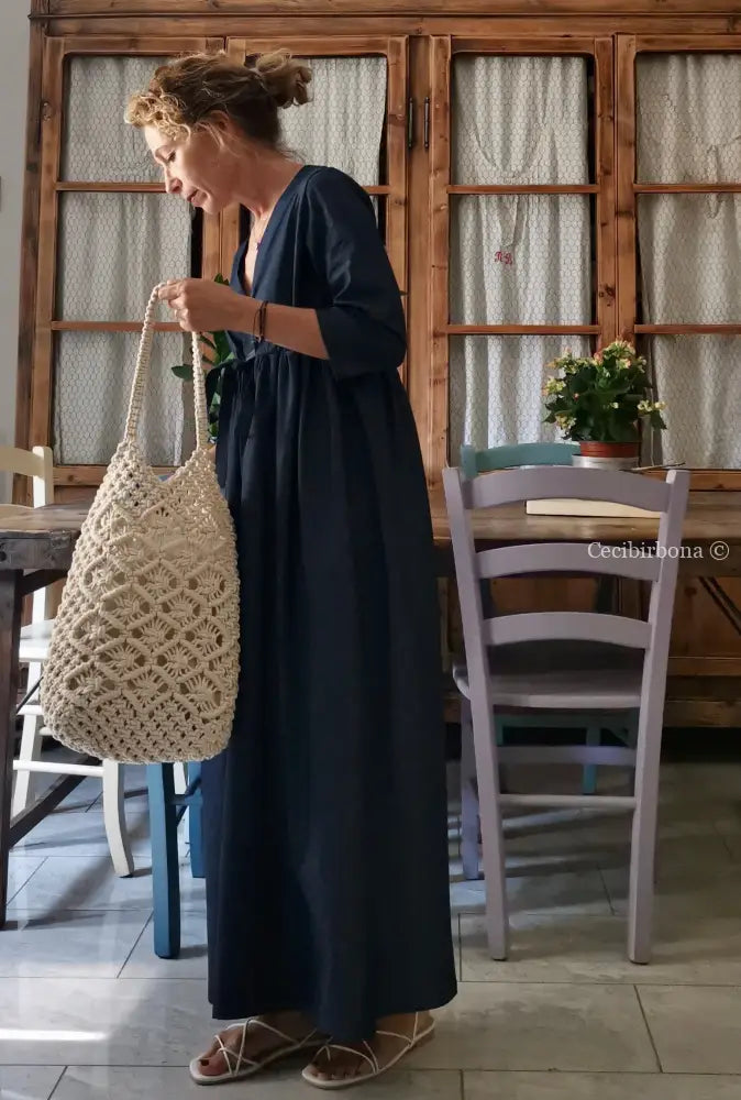 Riservato per Laura Abito estivo con maniche in cotone in chambray blu scuro abito donna