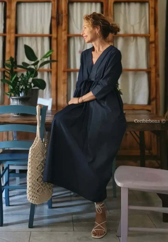 Riservato per Laura Abito estivo con maniche in cotone in chambray blu scuro abito donna