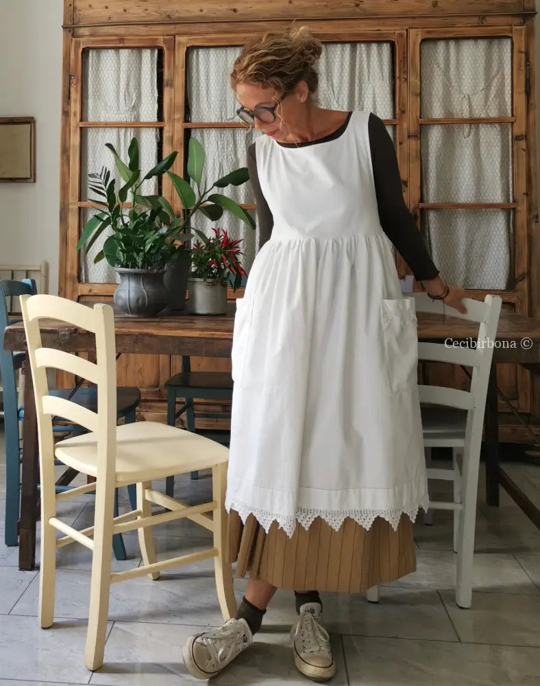 Riservato per Lilli Grembiule per donna da cucina con balza uncinetto - grembiule bianco da cucina con pizzo grembiule