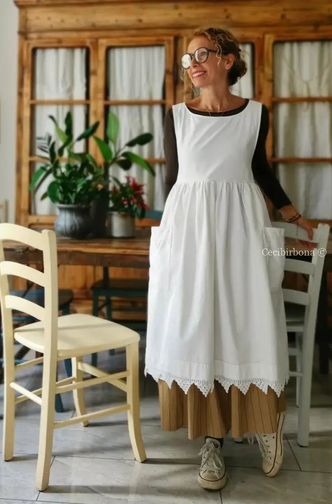 Riservato per Lilli Grembiule per donna da cucina con balza uncinetto - grembiule bianco da cucina con pizzo grembiule