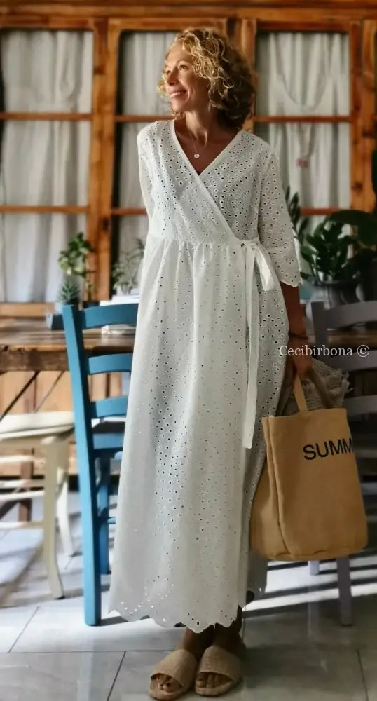 Riservato per Michela Abito incrociato in sangallo di cotone con maniche abito donna