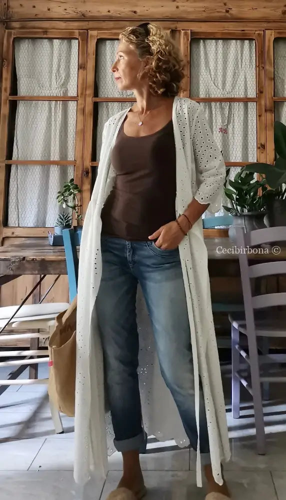 Riservato per Michela Abito incrociato in sangallo di cotone con maniche abito donna