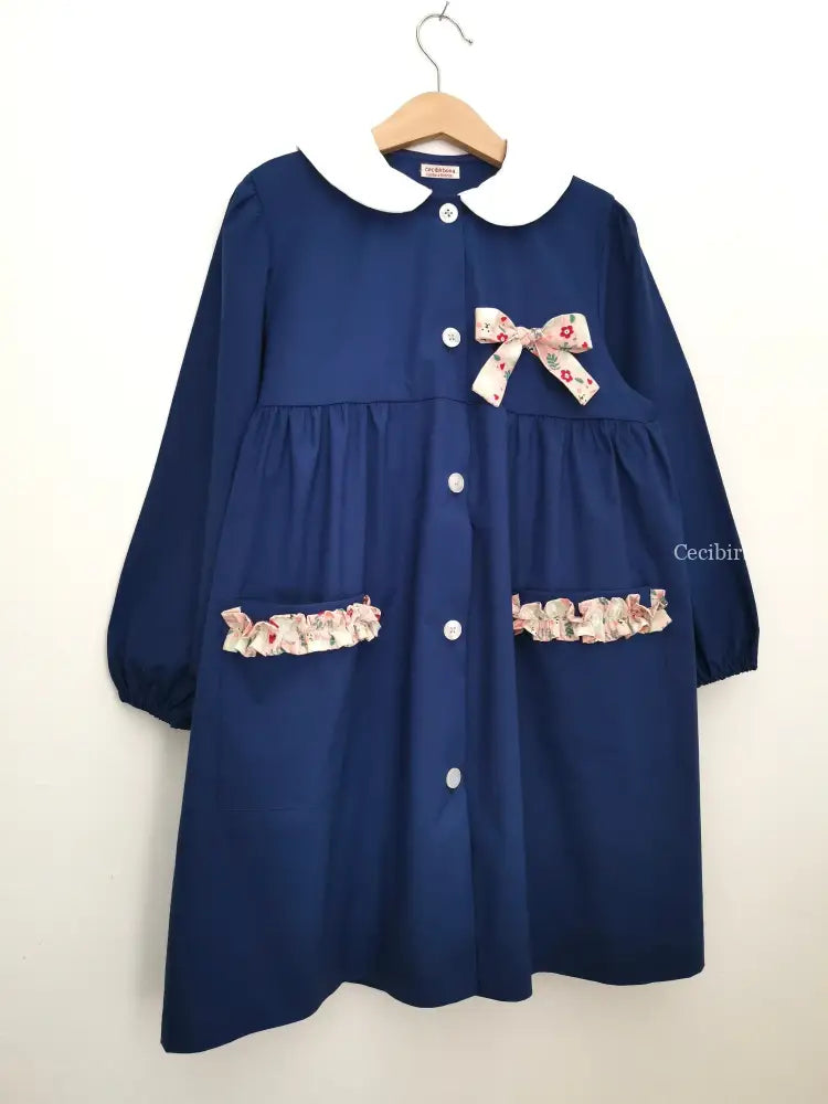 Riservato per Michela Grembiule blu per bimba taglia 8/9 per scuola elementare - grembiule in cotone blu per scuola