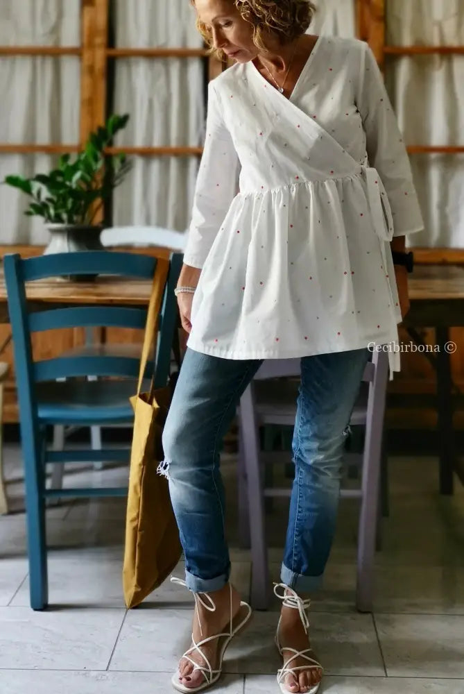 Riservato per Patty Camicia bianca incrociata in sangallo camicia donna