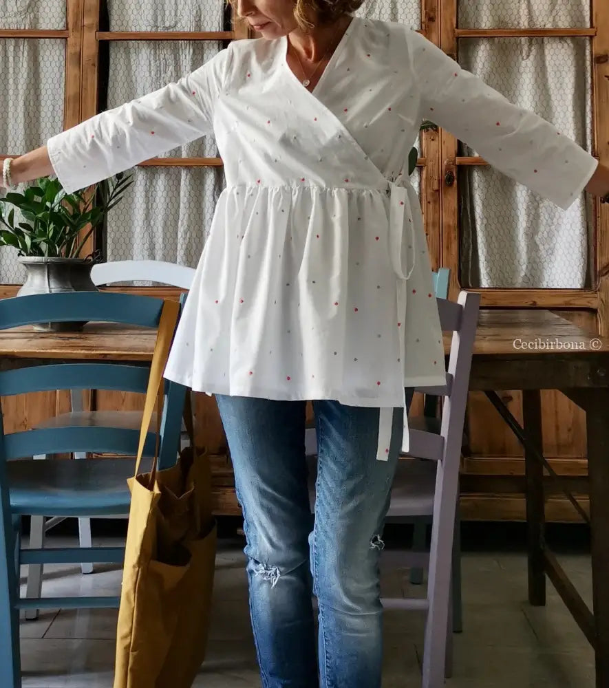 Riservato per Patty Camicia bianca incrociata in sangallo camicia donna