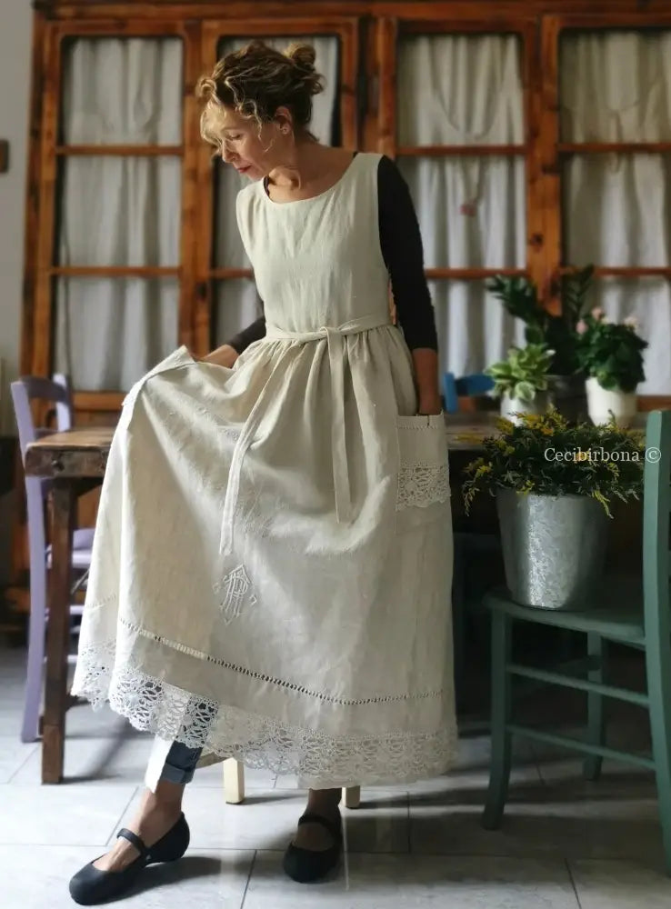 Riservato per Stefania Grembiule in lino antico con monogramma grembiule donna tessuti antichi