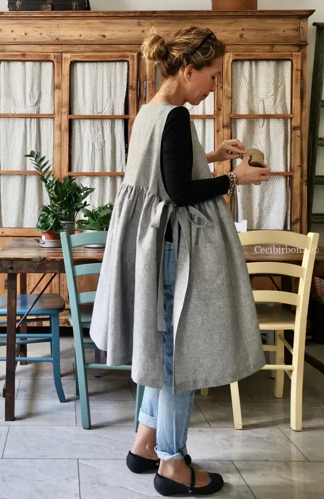 Riservato per Stephanie IN PREORDINE Grembiule da cucina per donna in lino a righe grigie e blu grembiule donna tessuti