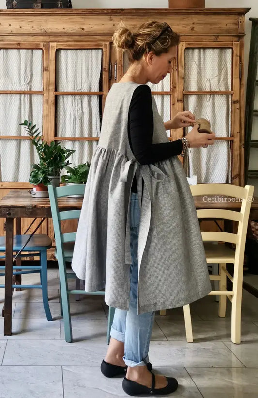 Riservato per Stephanie IN PREORDINE Grembiule da cucina per donna in lino a righe grigie e blu grembiule donna tessuti