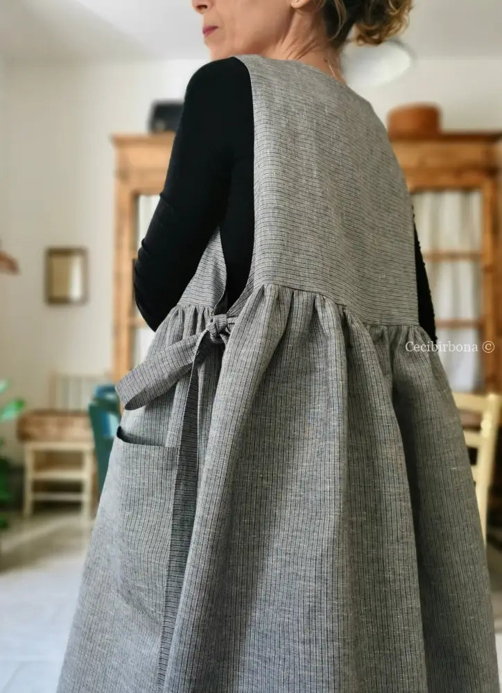 Riservato per Stephanie IN PREORDINE Grembiule da cucina per donna in lino a righe grigie e blu grembiule donna tessuti