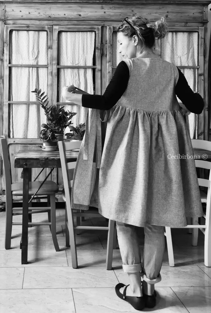 Riservato per Stephanie IN PREORDINE Grembiule da cucina per donna in lino a righe grigie e blu grembiule donna tessuti