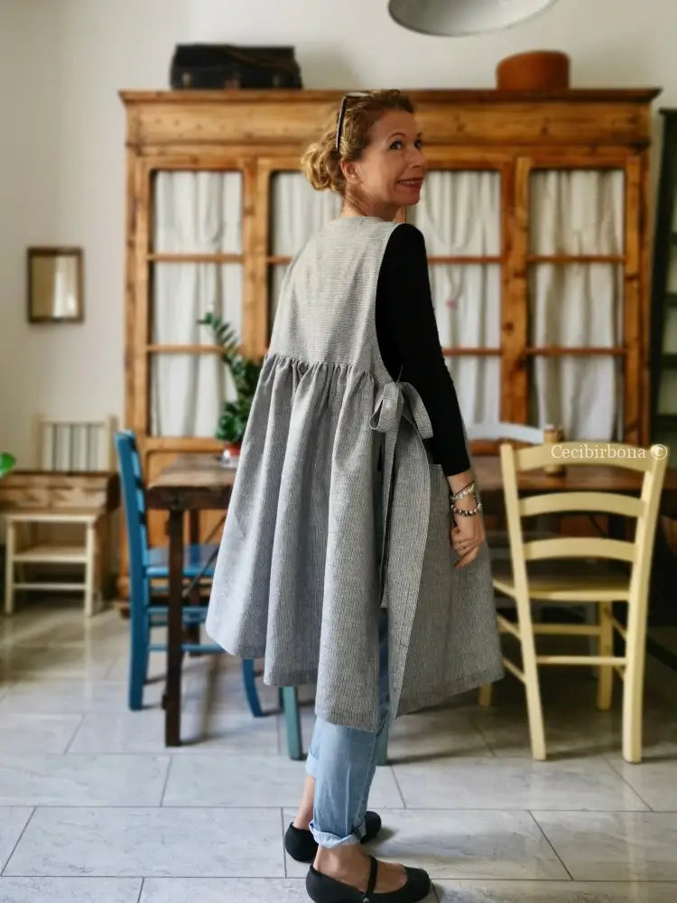 Riservato per Stephanie IN PREORDINE Grembiule da cucina per donna in lino a righe grigie e blu grembiule donna tessuti