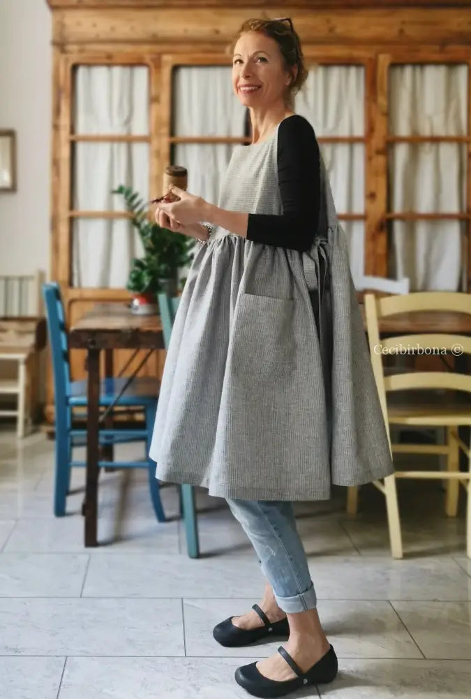 Riservato per Stephanie IN PREORDINE Grembiule da cucina per donna in lino a righe grigie e blu grembiule donna tessuti