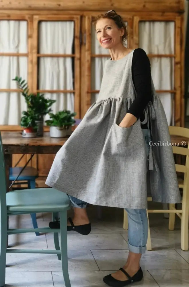 Riservato per Stephanie IN PREORDINE Grembiule da cucina per donna in lino a righe grigie e blu grembiule donna tessuti