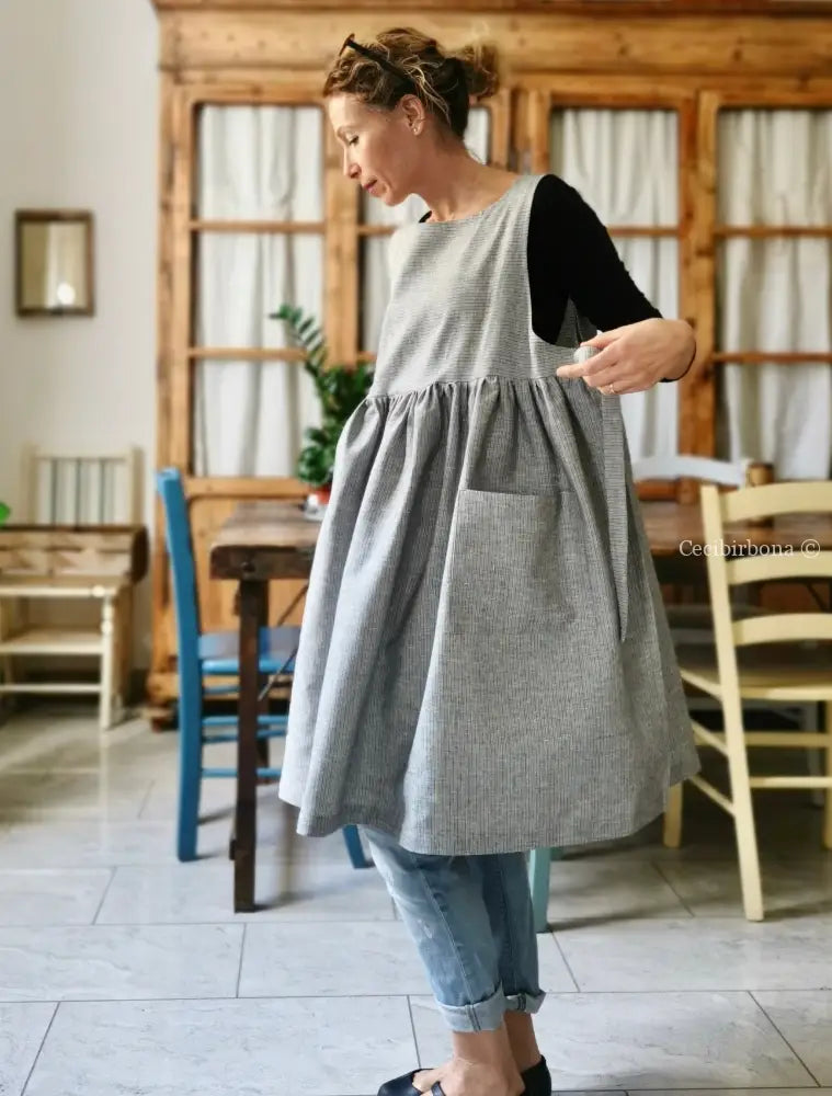 Riservato per Stephanie IN PREORDINE Grembiule da cucina per donna in lino a righe grigie e blu grembiule donna tessuti