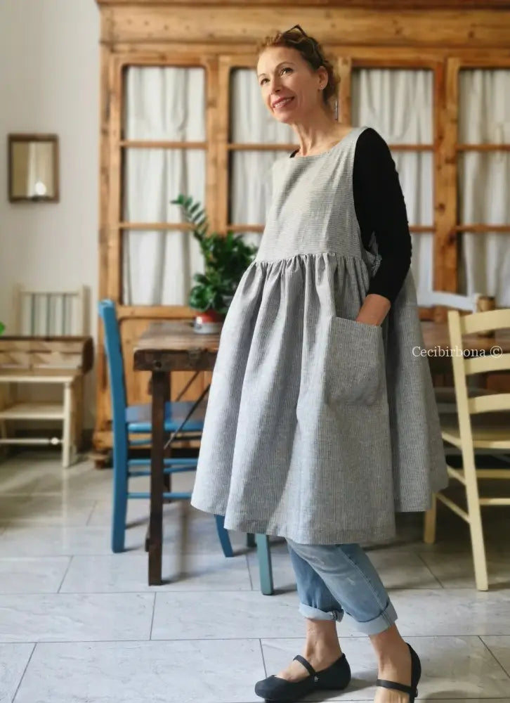 Riservato per Stephanie IN PREORDINE Grembiule da cucina per donna in lino a righe grigie e blu grembiule donna tessuti