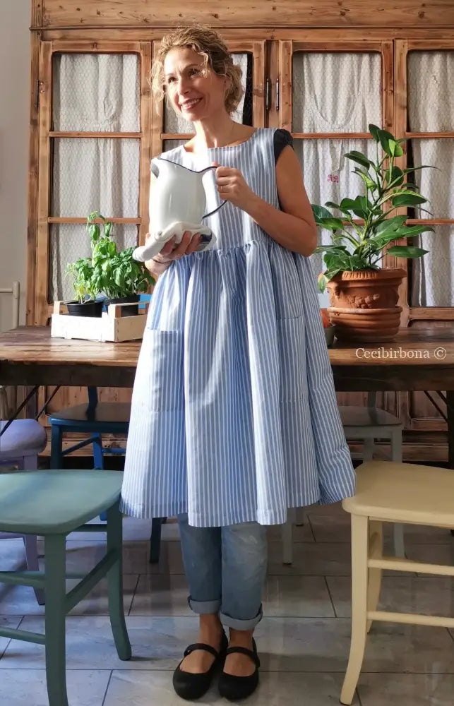 Riservato per Valentina Grembiule da cucina in lino a righe celeste e bianco grembiule donna tessuti moderni