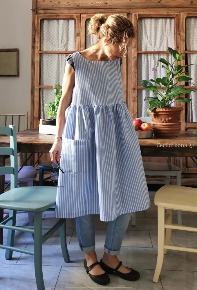 Riservato per Valentina Grembiule da cucina in lino a righe celeste e bianco grembiule donna tessuti moderni