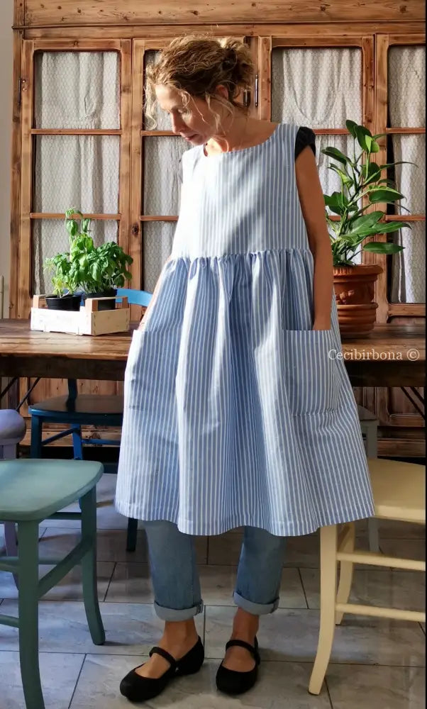 Riservato per Valentina Grembiule da cucina in lino a righe celeste e bianco grembiule donna tessuti moderni