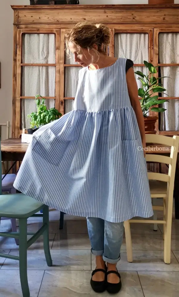 Riservato per Valentina Grembiule da cucina in lino a righe celeste e bianco grembiule donna tessuti moderni