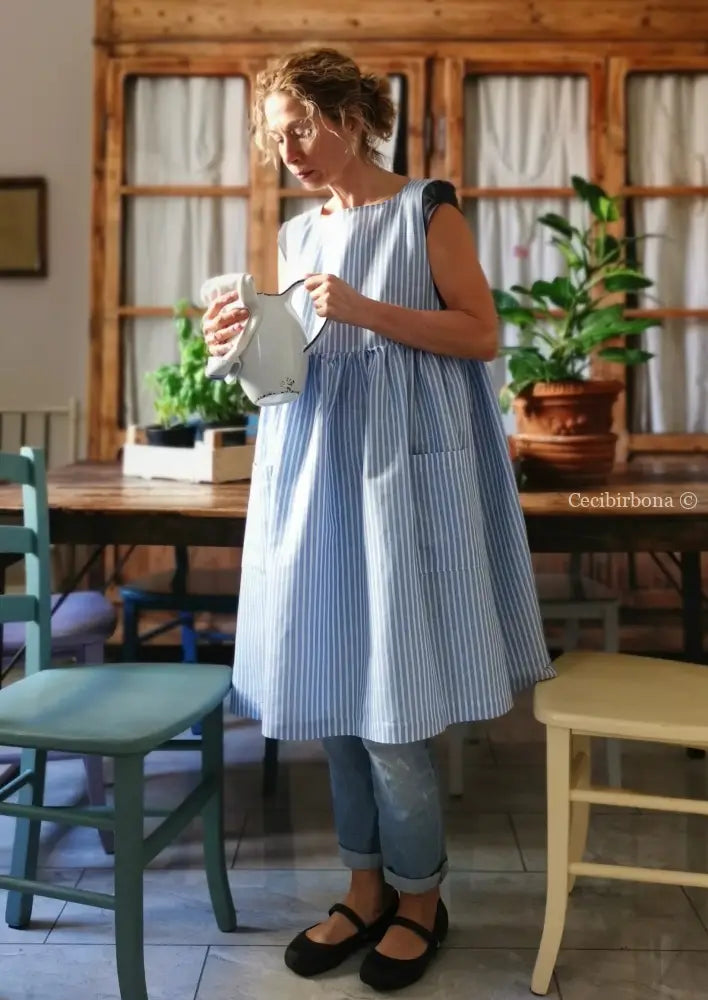 Riservato per Valentina Grembiule da cucina in lino a righe celeste e bianco grembiule donna tessuti moderni