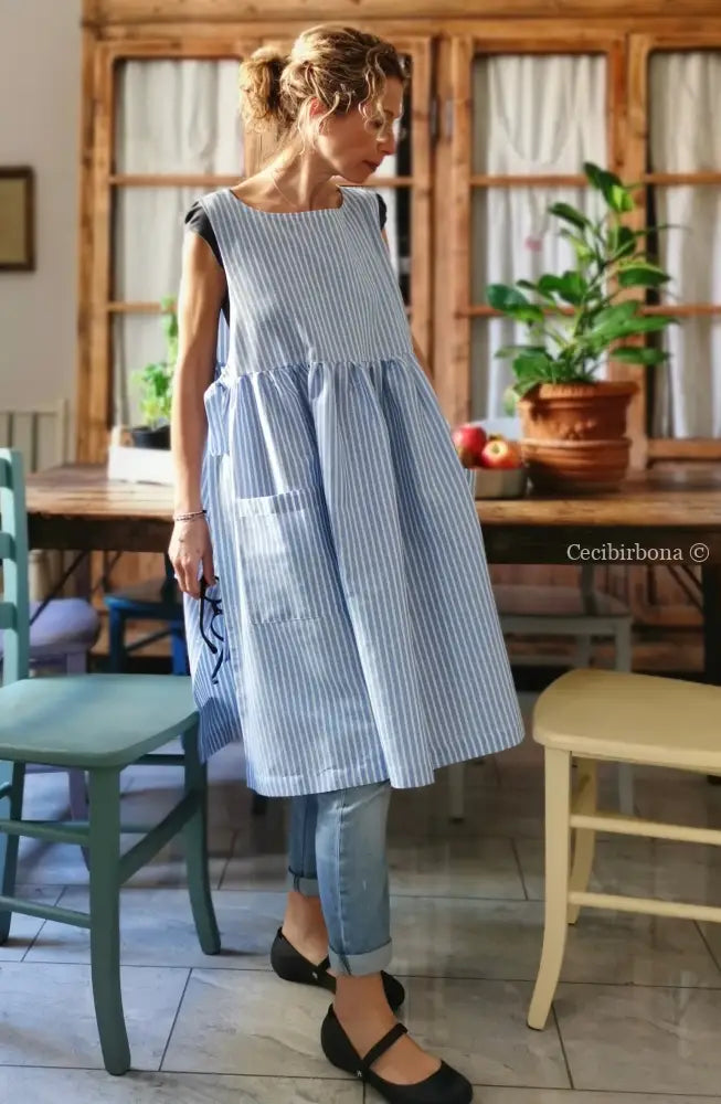 Riservato per Valentina Grembiule da cucina in lino a righe celeste e bianco grembiule donna tessuti moderni
