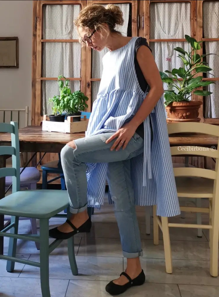 Riservato per Valentina Grembiule da cucina in lino a righe celeste e bianco grembiule donna tessuti moderni