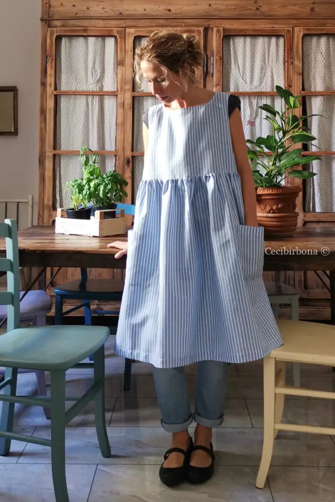 Riservato per Valentina Grembiule da cucina in lino a righe celeste e bianco grembiule donna tessuti moderni