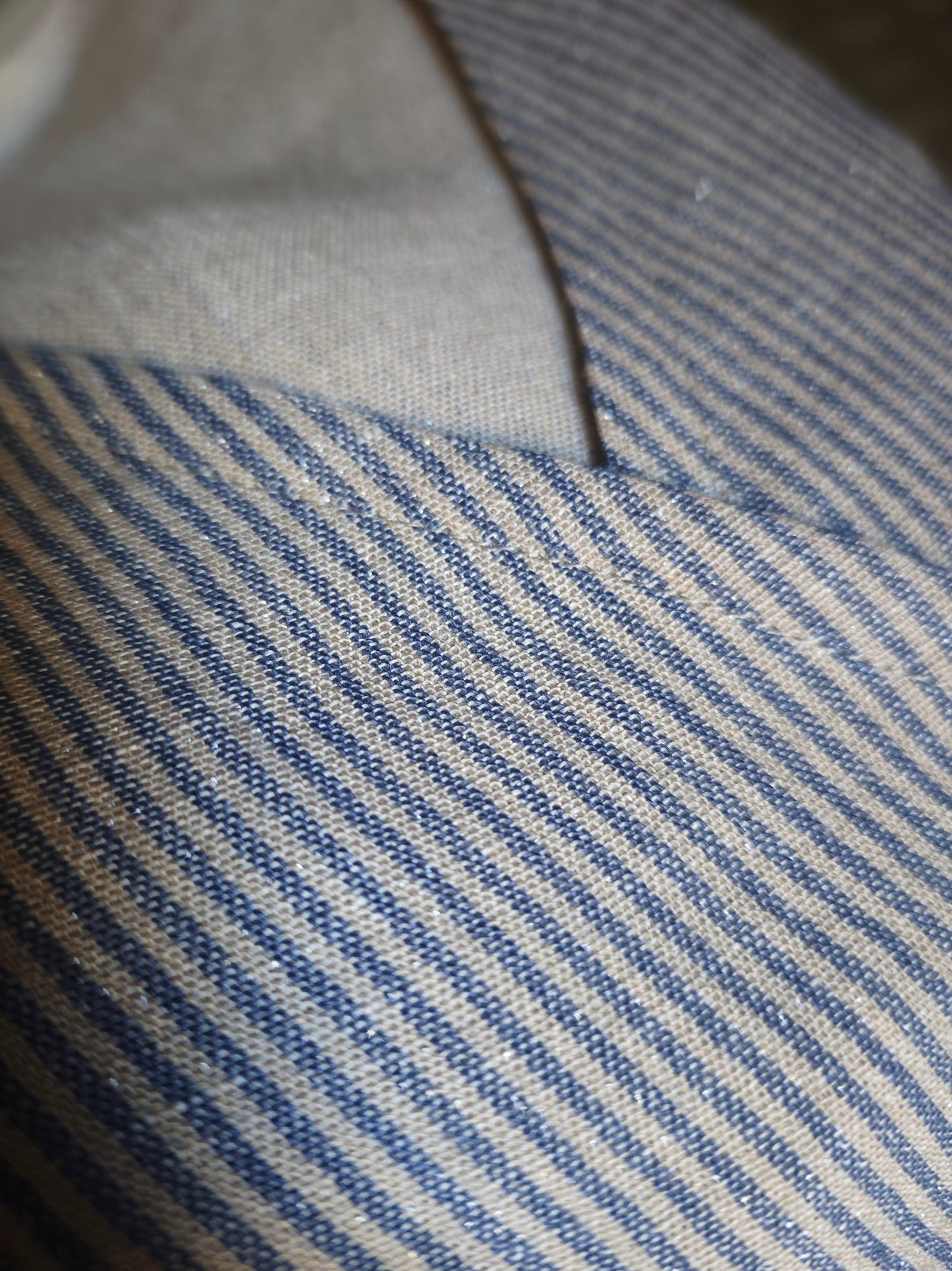 Abito spolverino in lino rigato celeste ed écru con Lurex (Ref. 503)