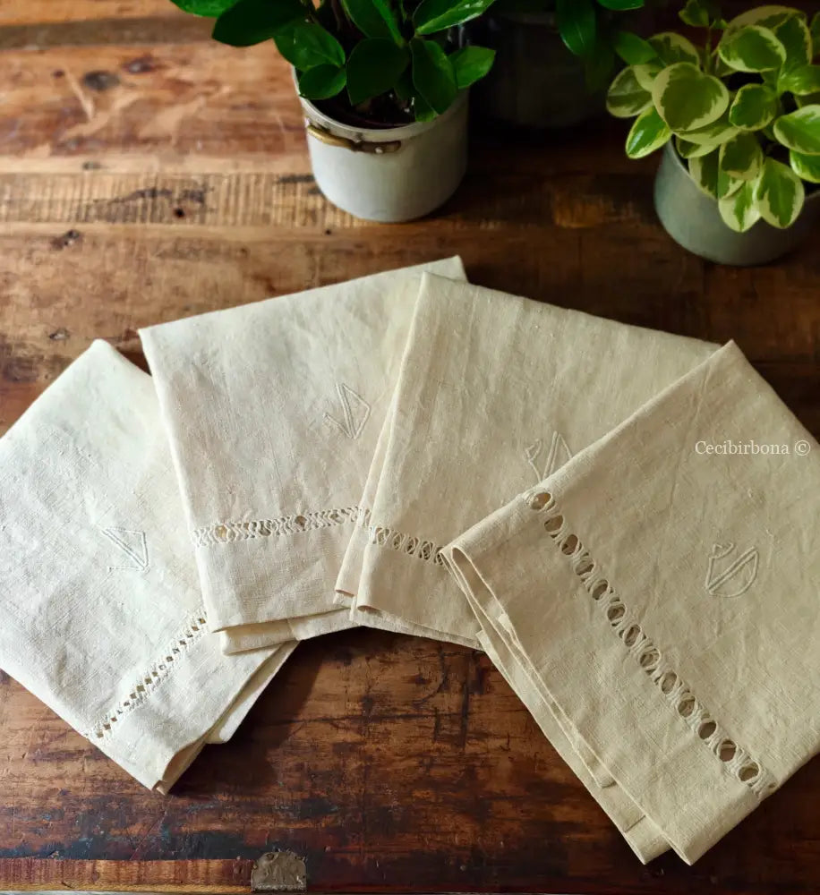 Set di asciugamani antichi in lino con sfilatura e monogramma biancheria antica per la casa