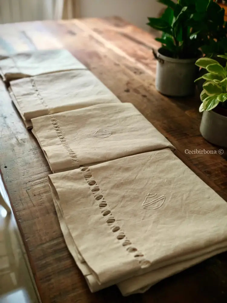 Set di asciugamani antichi in lino con sfilatura e monogramma biancheria antica per la casa