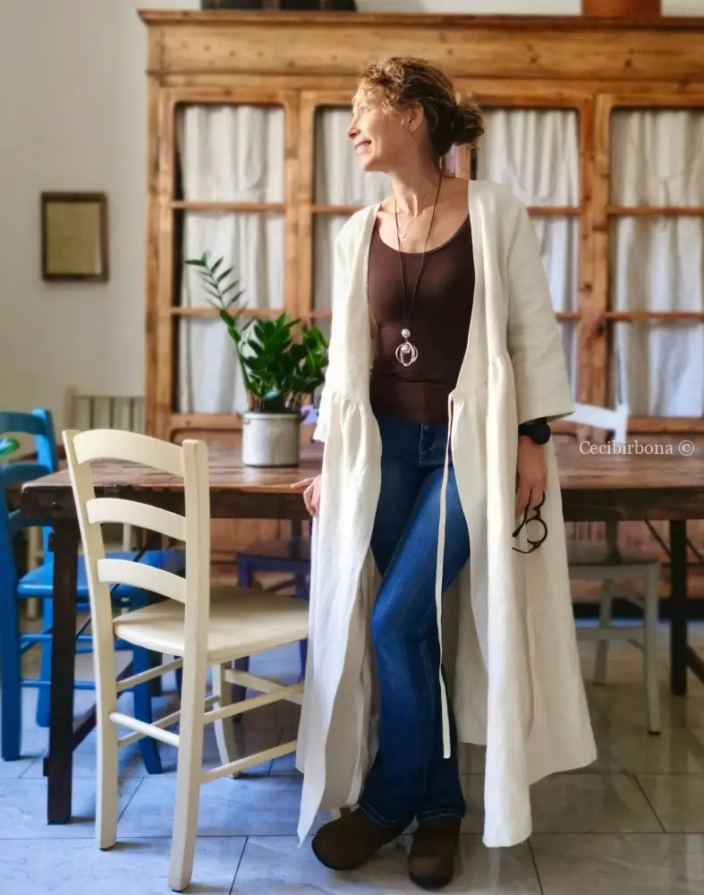 Soprabito incrociato donna in lino antico - spolverino lino - cappotto estivo grembiule donna tessuti antichi