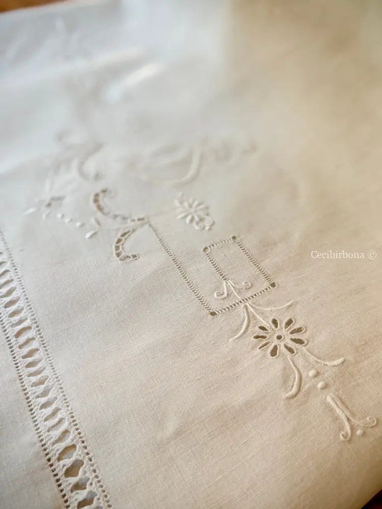 Telo da bagno in lino antico con monogramma NS e sfilature Asciugamano in lino antico