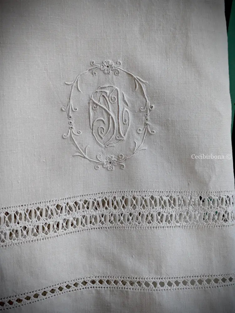 Telo da bagno in lino antico con monogramma NS e sfilature Asciugamano in lino antico
