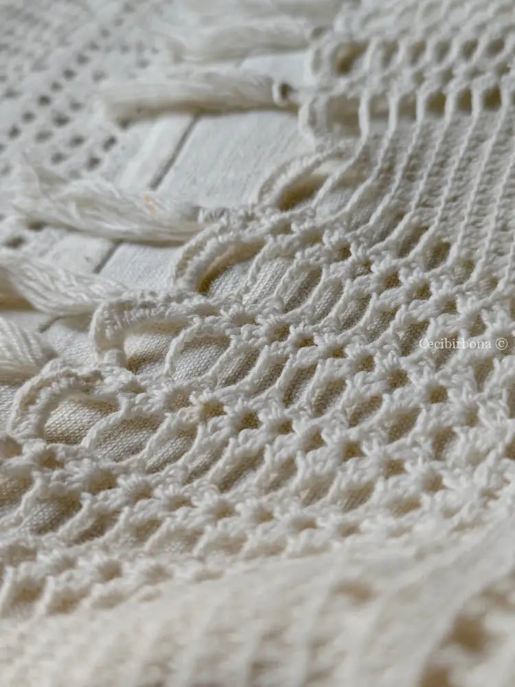 Telo in lino con balze all’uncinetto e con frange e monogramma PN Corredo N.4/4 biancheria antica per la casa