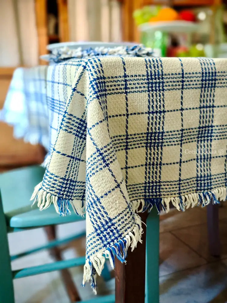 Tovaglia cifrata blu e panna con sei tovaglioli Tovaglia vintage
