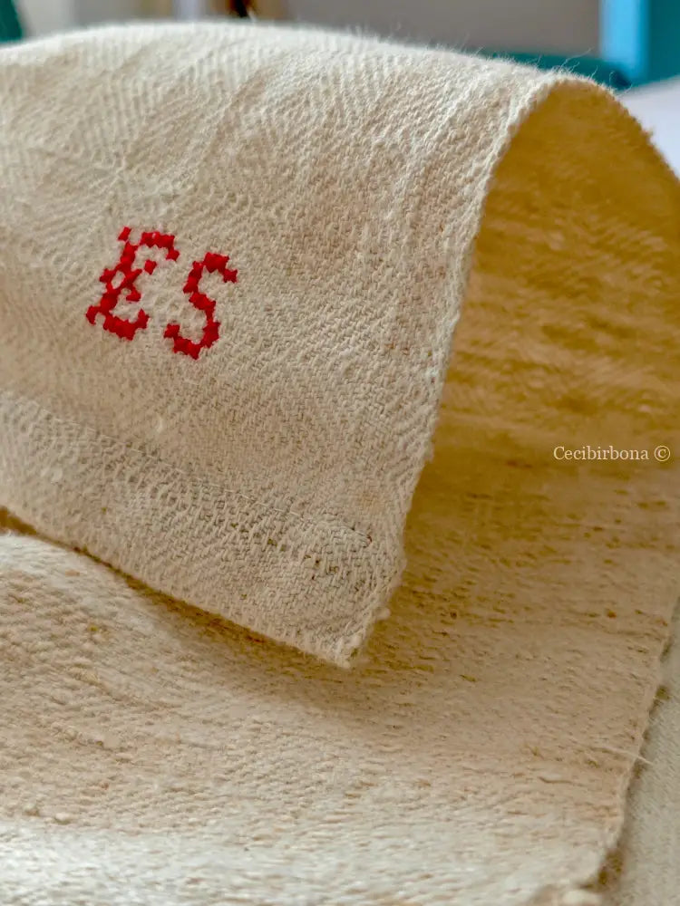 Tovaglia in canapa con monogramma ES Tovaglia vintage