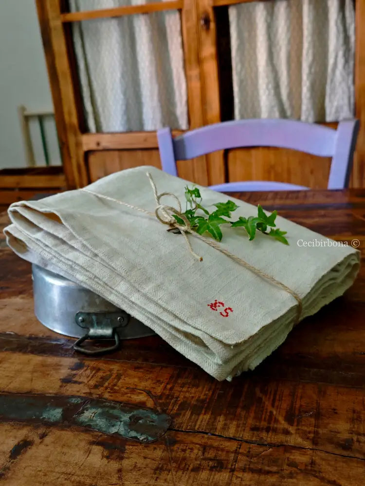 Tovaglia in canapa con monogramma ES Tovaglia vintage