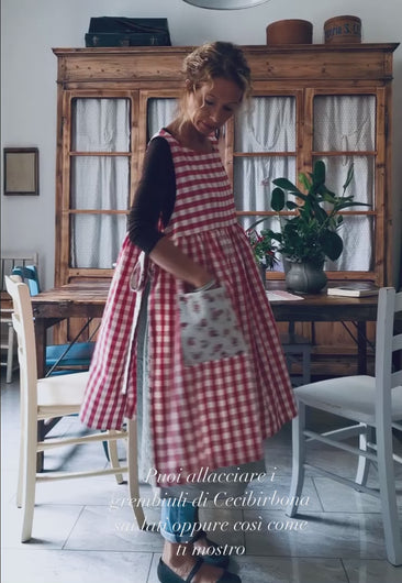 TTYAO REII Grembiule In Cotone Vintage A Quadri Per Donna – Con Tasche, Vita Regolabile 100 Cm, Lunghezza 114 Cm