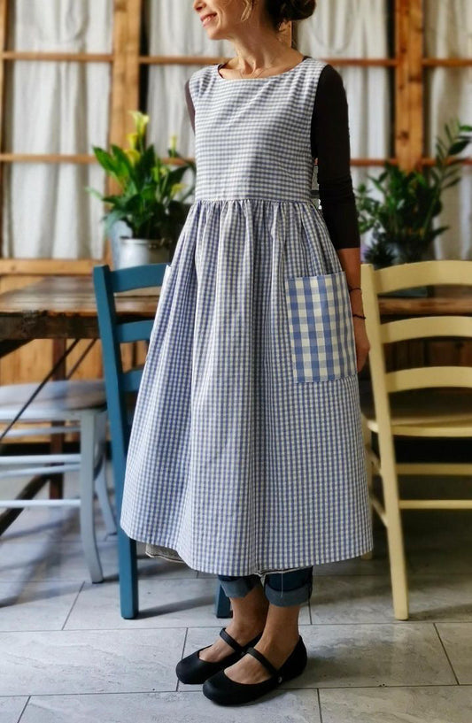 Reserved for Cristina Light Blue Checkered Cotton Kitchen Apron for Women