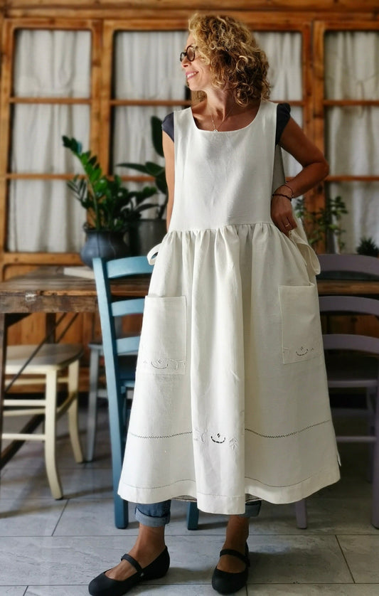 Antique linen apron with cutwork embroidery