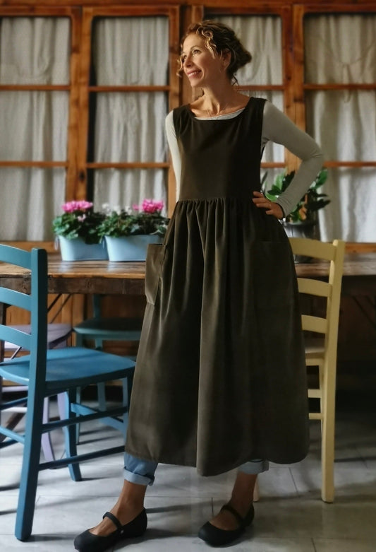 Reserved for Michela Moss green striped velvet apron 