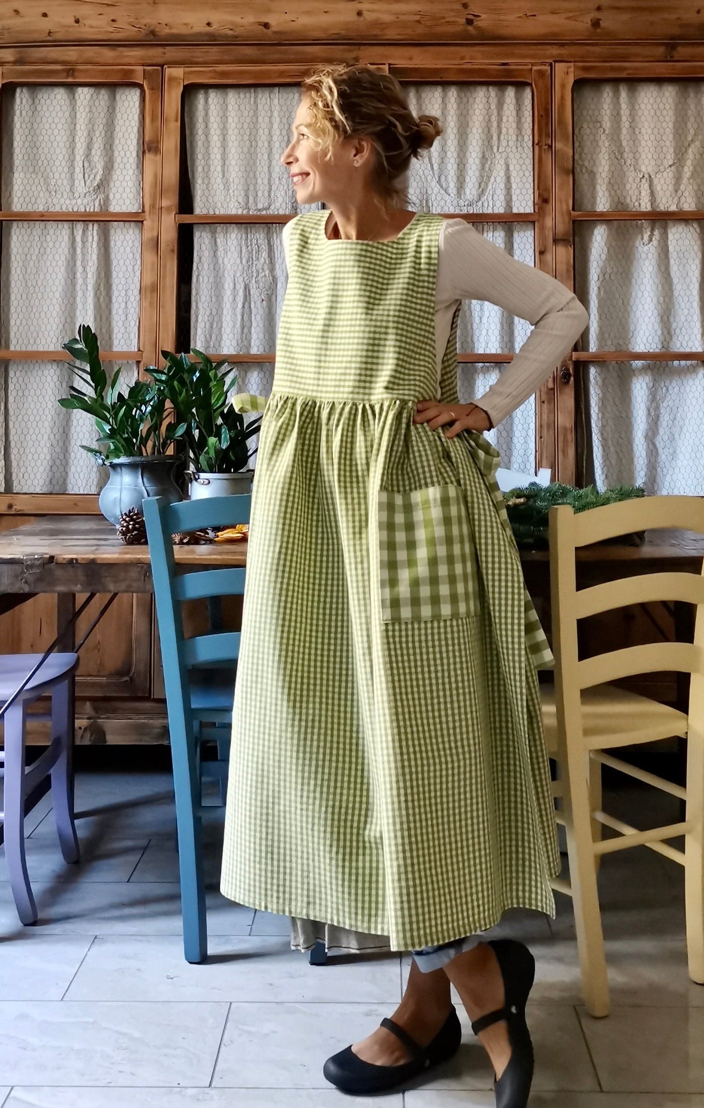 DISPONIBILE IN PREORDINE Grembiule da cucina per donna in cotone a quadrettini verdi