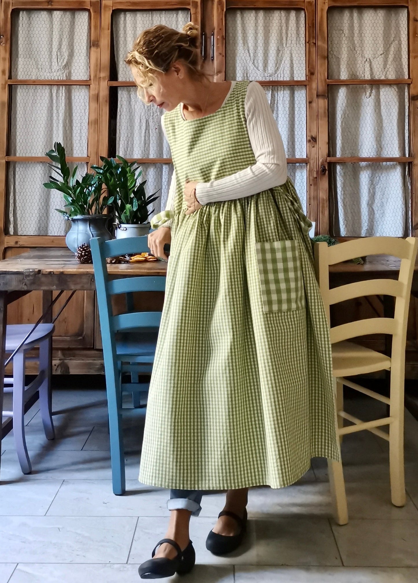 DISPONIBILE IN PREORDINE Grembiule da cucina per donna in cotone a quadrettini verdi