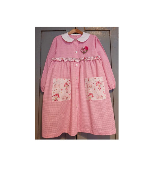Grembiule bambina taglia 7 anni con fatine - scuola materna - cotone a quadretti rosa bianchi - grembiulino quadrettini bambina